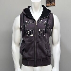 Men Full Zip Hoodie Vest Medium Gray Distressed Y2K Streetwear Grunge Athleisure